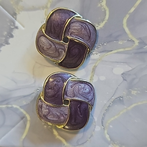 Purple and lavender swirl foursquare enameled earrings vintage - Picture 2 of 4
